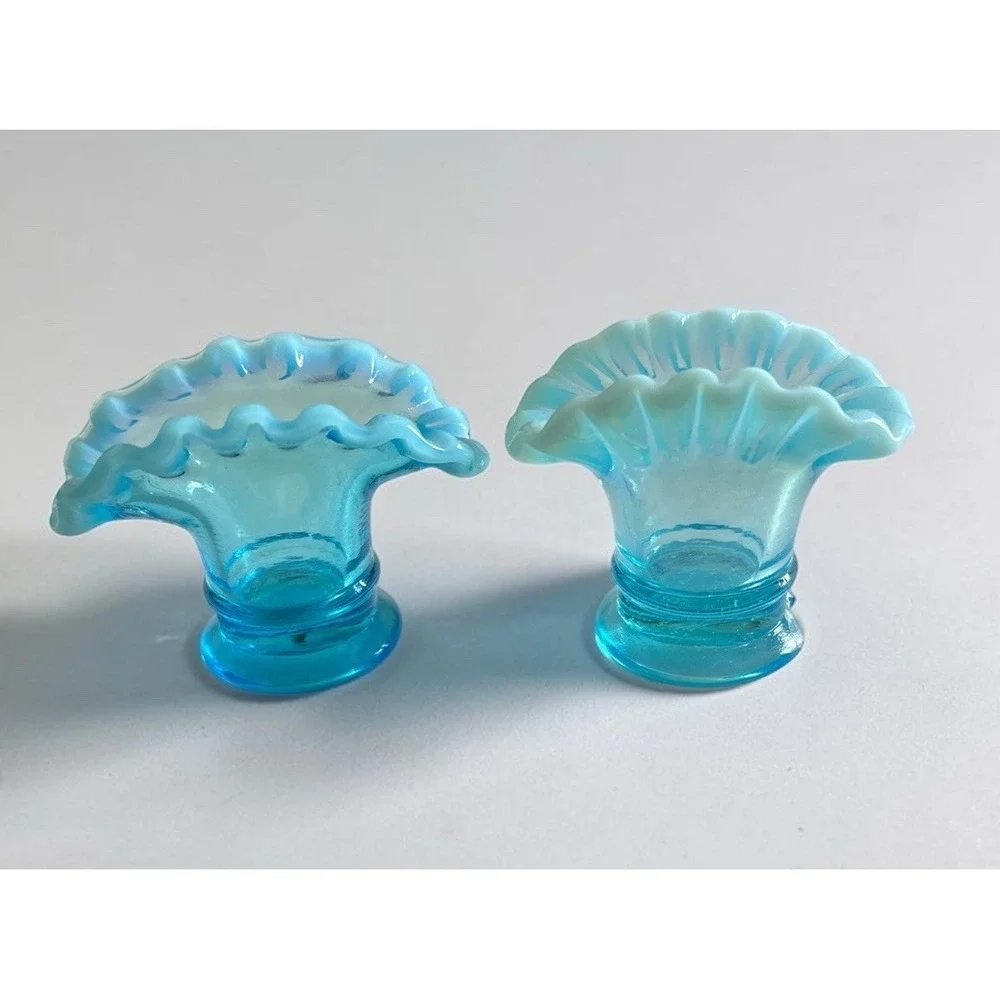 Pair Of Fenton Opalescent Blue Miniature Vases/ Toothpick Holders ,FLAWED SEE
